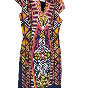 ADRIANNA PAPELL Sheath Dress Navy Blue Coral Geometric Print Cotton Blend​​